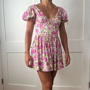 For Love And Lemons Floral Mini Dress - Pink and Green